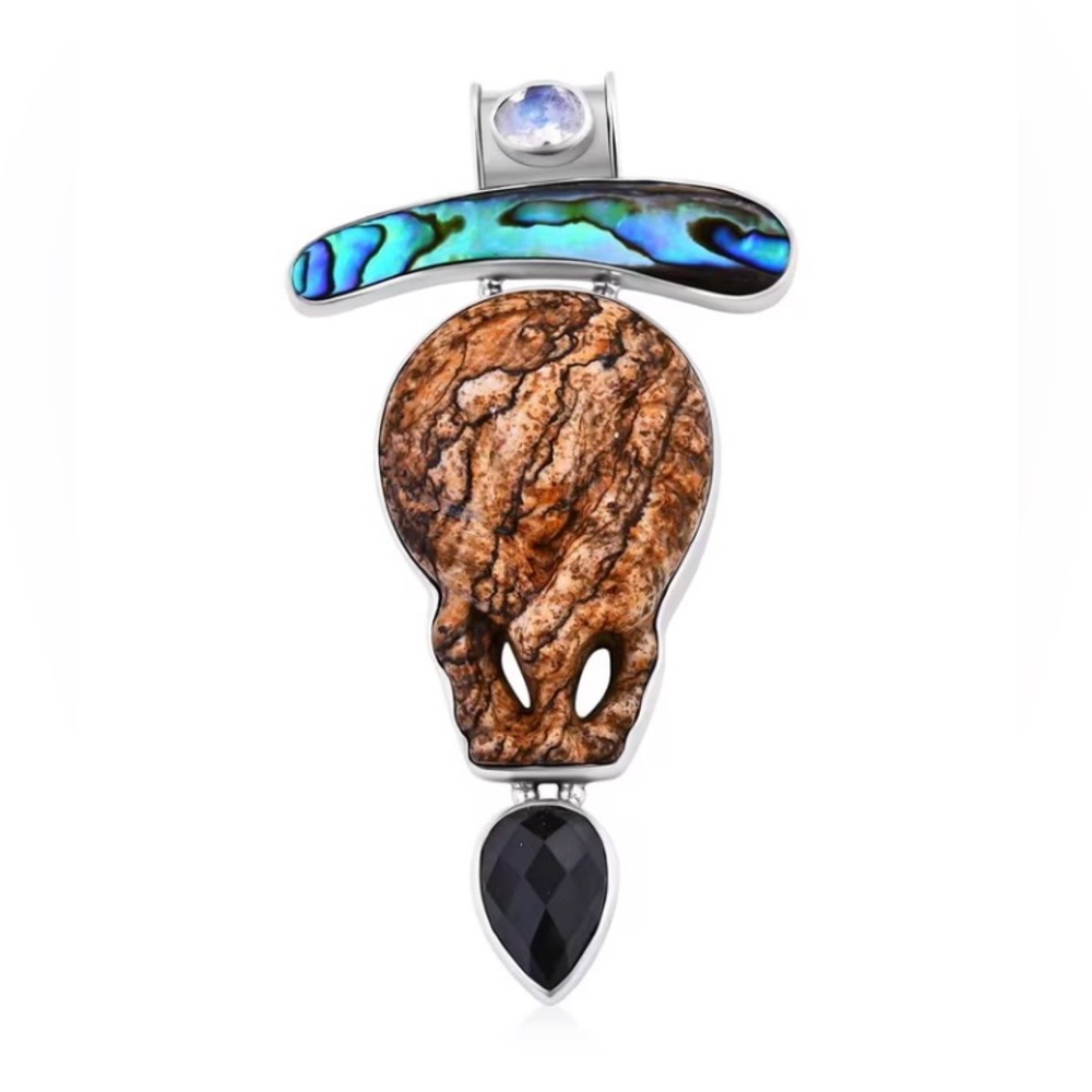 NWT Sajen Silver Picture Jasper Skull/Alien Pendant w/Multi-Gemstones in .925